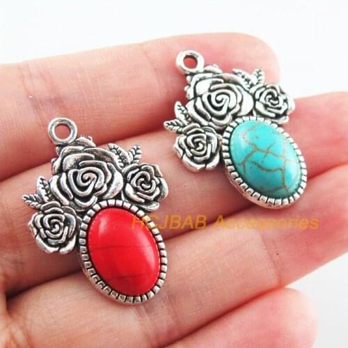 6Pcs Retro Tibetan Silver Tone Flower Oval Blue&Red Stone Charms Pendants 23x32mm