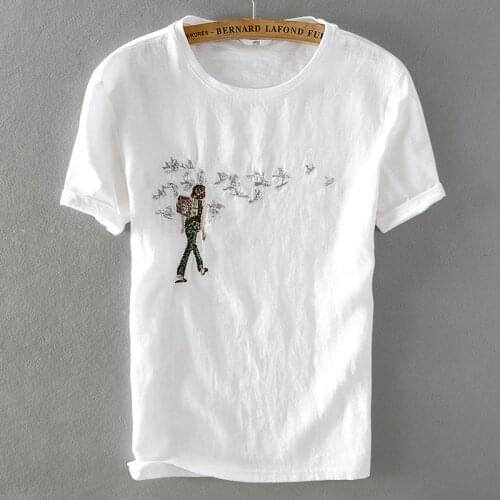 2018 Summer linen embroidered short-sleeved t-shirt men cotton and flax stitching loose t shirt mens fashion comfortable tshirt
