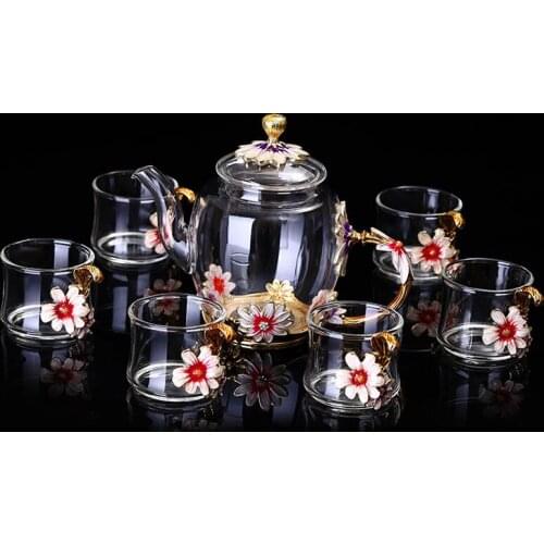 Enamel Carved Flowers Glass Water Cup Coffee Glass Water Cup Flower Tea Fruit Tea Lead Free Glass Water Cup Home Gift TeaCup Set