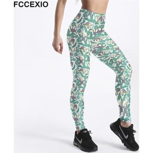 FCCEXIO Fashion Style Sporting Workout Women Skinny Leggings Push Up Elastic Force Cute Sloth Print New Female Fitness Leggings