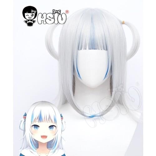 「HSIU Brand」Gawr Gura Wig Hololive English Cosplay Cute Silver white mixed blue short hair Fiber synthetic wig+Free wig cap