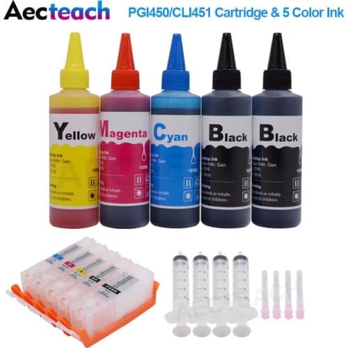 Aecteach PGI 450 CLI 451 Refillable Ink Cartridge For Canon PIXMA IP7240 MX925 MG5550 MG6450 6850 Printer+ 500ml Refill Dye Ink