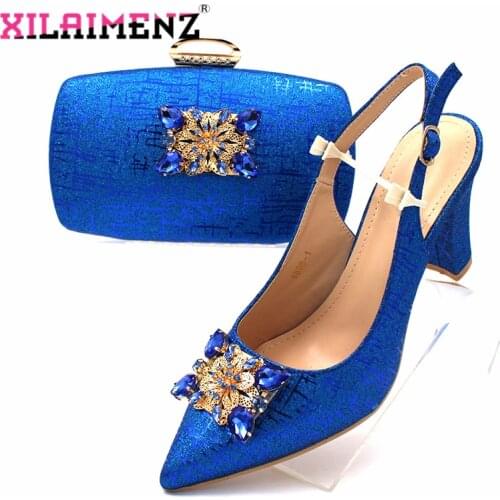 Classics African Women Royal Wedding Party Shoes and Bag to Match with Shinning Crystal in Royal Blue Color Italian Style Set