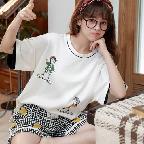 Summer Simple Sleepwear Pyjamas Set Womens Pajamas Cotton Short Sleeve Ladies Pijama Sets Homewear Cartoon Lounge Wear T-shits