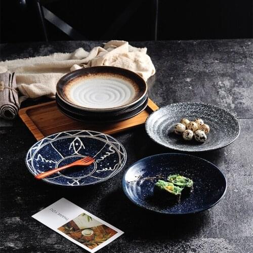 Japanese Art 9-inch Ceramic Round Western-style Steak Ramen Dish Home Retro Snack Cuisine Flat Plate Hotel Restaurant Tableware