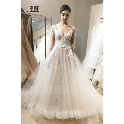 JIERUIZE A Line Wedding Dresses Deep V Neck Long Sleeve See Through Organza Bridal Gown Lace Applique Zipper Back robe de mariee
