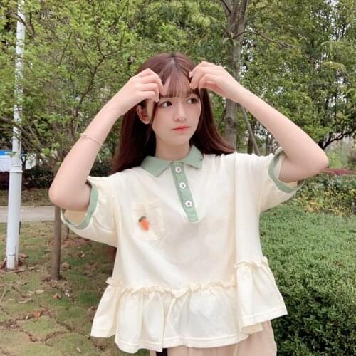 Sweet Short-Sleeved Womens T-Shirt Kawaii Cute Turn-Down Collar Top Harajuku All-Match Ruffle Tees Japanese Girly Streetwear
