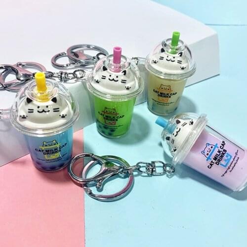Cute Cat Keychain Milk Tea Cup Liquid Key Ring Charm Bag Car Pendant Key Chain