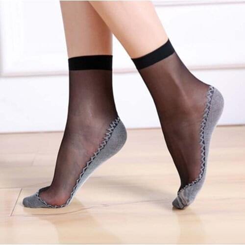 New 1 Pair Spring Summer Women Soft Socks Casual Non-Slip Bottom Splice Fashion Transparent Ladies Girls Thin Silk Sock SCI88