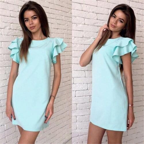 Ruffles Dresses WomenS Summer Dress Lotus Sleeve O Neck Solid Striaght Mini Dress Female Dress Fashion Vestidos Women Clothing