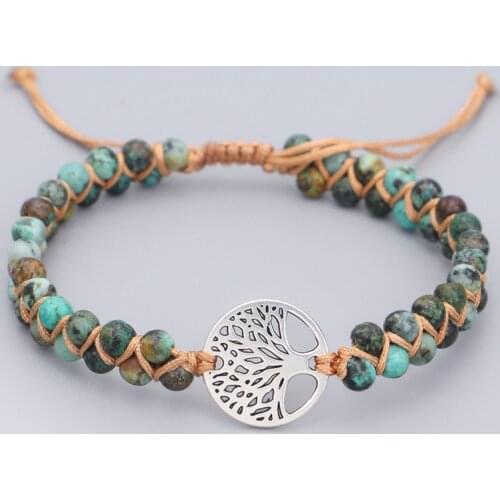 Handmade Natural Stone Boho Yoga Wrap Bracelet & Bangle Tree of Life African Japser Braided Charm Bracelet Women Men Gift