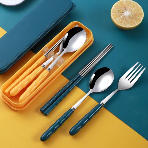 Zollor Portable Bamboo Joint Stainless Steel Tableware Set Student Chopsticks Fork Spoon Outdoor Travel Camping Tableware Box
