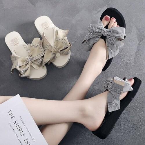 Fashion Girl Slippers Plaid Coarse Bowknot Home High Heel Platform Roman Women Slippers Kids Beach Shoes Leisure