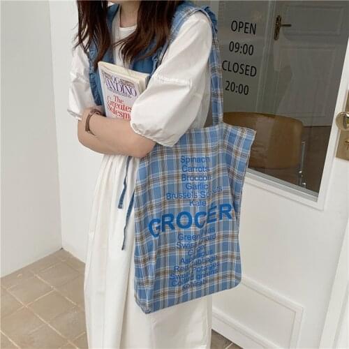 Women Plaid Letters Canvas Bag Sweet Large Shopper Tote Bag Eco Reusable Shopping Bag Shoulder Bag Handbag For Students 2021 New