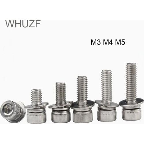 WHUZF 10/50pcs Hex Socket Head Cap Screw with Washer Three Screw M3 M4 M5 M6 M8 Stainless Steel Metric Three Combination Thread