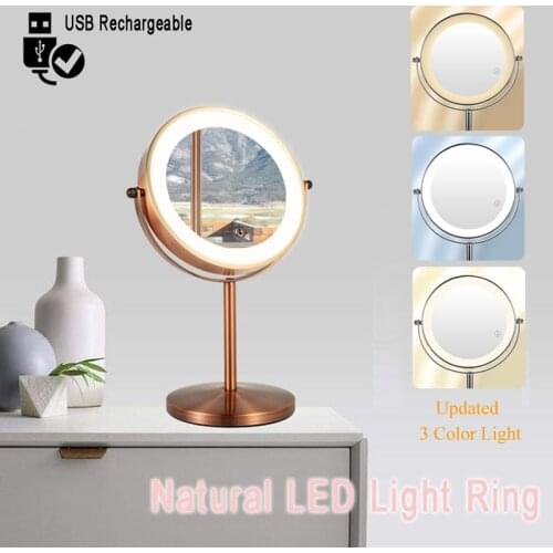 Double Sided Vanity Mirror with Light, 10X Magnifying LED Makeup Mirror, Touch Dimmer, Tabletop Mirror, USB Rechargeable