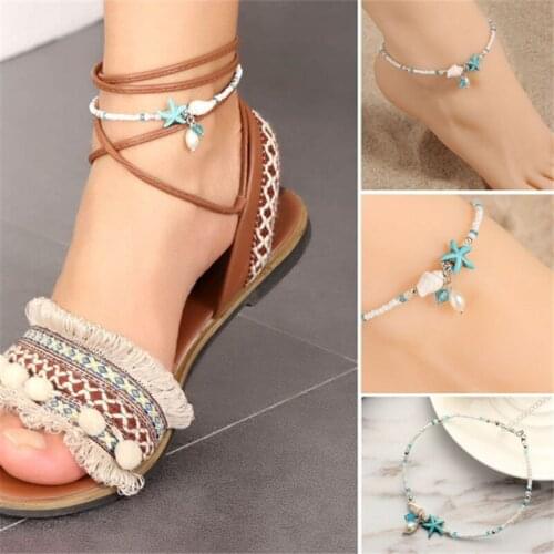 Women Bohemian Conch Starfish Pendant Rice Bead Ankle Bracelets Summer Beach Foot Jewelry Anklets