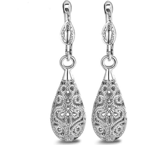 Vintage silver color big pendant water drop earrings ear piercing dangle carved flower earrings for women boucle d'oreille