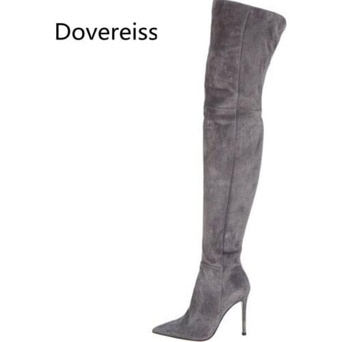 Dovereiss Fashion Womens Shoes Winter Pointed Toe Sexy gray suede Zipper Over the knee boots Stilettos heels 34-48