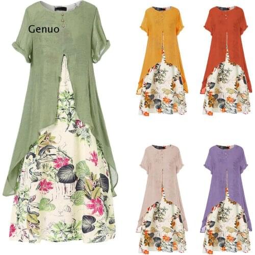 Plus Size Women Boho Cotton Linen Dress Vintage Elegant Vestido Floral Baggy Short Sleeve Tunic Dress Summer Loose Sundress 5XL