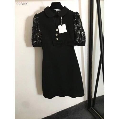 2021 Autumn Fashion Runway Elegant Party Dress Women Short Sleeves Bow Diamonds Buttons Mesh Sequins A Line Mini Dress
