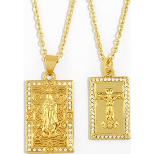 FLOLA Small Virgin Mary Pendant Necklace Women Gold Chain Jesus Necklace Charm CZ Crystal Protection Christian Jewelry nkes16