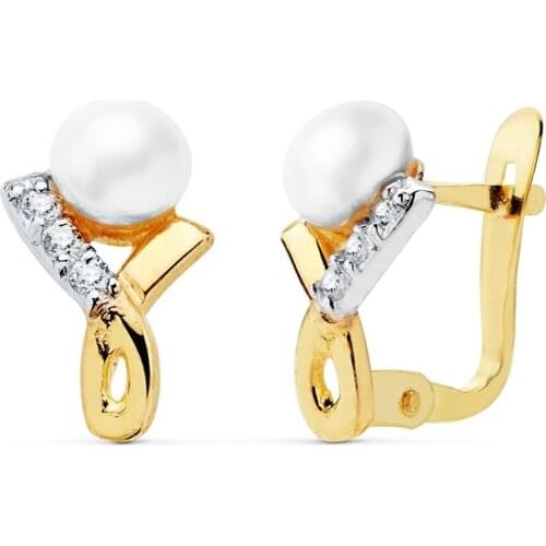 Earrings gold bicolor 18k girl 11mm. Intertwined zircon Pearl 4.5mm. Closure catalán