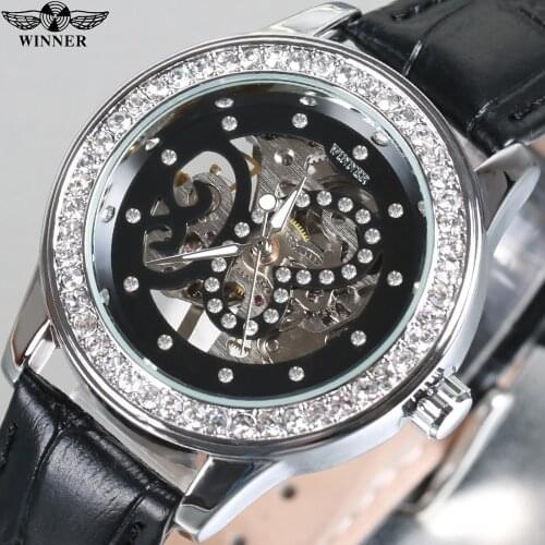 2021New WINNER Top Watch Women Skeleton Mechanical Hand wind Wrist Watches for women Rhinestone Mechanical Watches Girls Gift