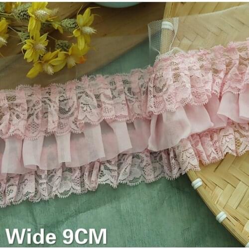 9CM Wide Three Layers Chiffon 3D Pleated Lace Collar Neckline Ruffle Trim Embroidered Fringe Ribbon Dress Apparel Sewing Decor