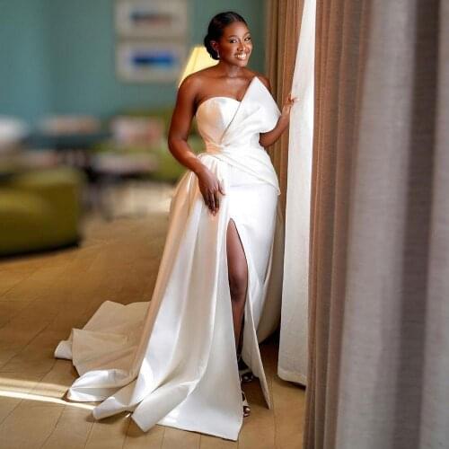 Plus Size Satin Mermaid Wedding Dresses Side Slit African Bridal Gowns Sweep Train Country Boho Robe De Mariée