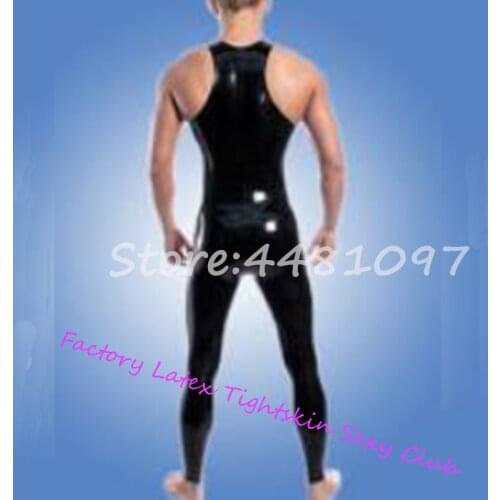 Black Sexy Latex Rubber Jumpsuit Latex Tight Bodysuit With Crotch Zipper U-neck Vest for Men XS-XXXL