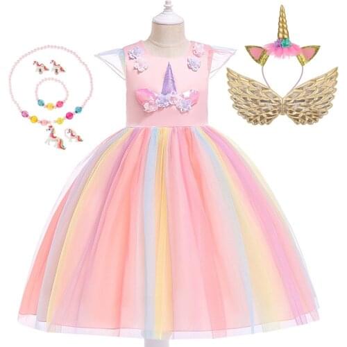Girls Unicorn Tutu Princess Dress Kids Birthday Party Gift Children Christmas Halloween Cosplay Costume With Headband Wings