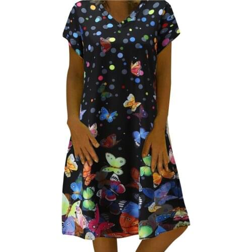 Fashoin 2021 Dresses Ladies Casual Butterfly Printing Knee-length Dress V-neck Robes Summer Holiday Style Short Sleeve Sundress