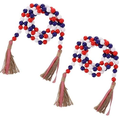 2 Pieces White Plaid Wood Bead Garland, Rustic Farmhouse Wooden Bead Garland with Jute Rope for Decoration
