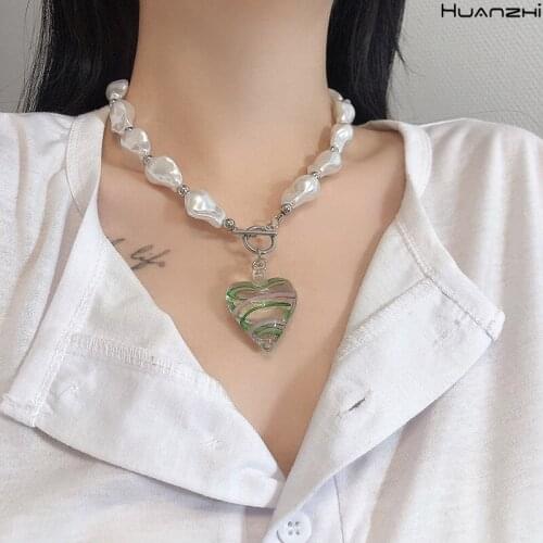HUANZHI 2021 New Transparent Glass Pink Green Love Pearl Silver Color Chain Necklace Hip Hop Necklace for Women Party Jewelry