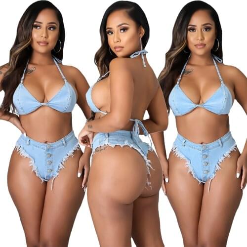 Echoine Women Sexy Denim Two Piece Bikinis Set Halter Crop Top and Tassel Shorts Summer Beachwear Swimsuit Club Matching Sets