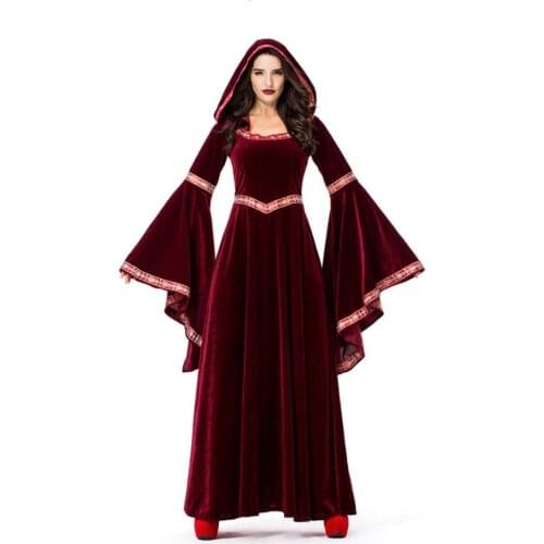 Red Witch Costumes sexy Halloween witch long vampire suit queen costume long sleeve short dresses with hat A045
