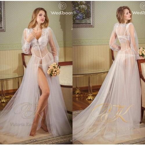 Lace Bridal Nightgown Night Dress Front Split Long Sleeves Nightgown Nightdress Women Nightwear For Bridal Boudoir Dress