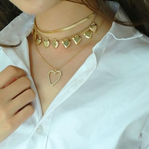 Fashion Vintage Heartshaped Crystal Pendant Necklace Womans Temperament Golden Multilayer Necklace Female Party Wedding Jewelry