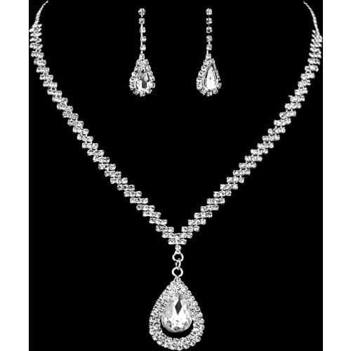 Cute Female Water Drop Jewelry Set Charm Silver Color Wedding Dangle Earrings For Women Trendy White Zircon Chain Necklace
