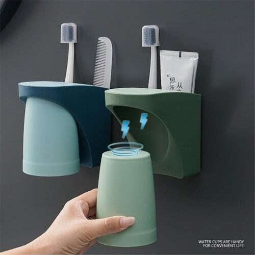 Wall Mount Magnetic Bathroom Gargle Toothbrush Cup Holder Anti-dust Draining Mug Bathroom Cup Lover Family Set toothbrushing cup