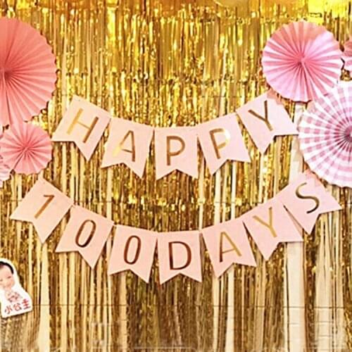 New Handmade Gold White Happy 100days Garland Baby 100days celebration Party Decoration White Gold HAPPY 100 DAYS Banner Bunting