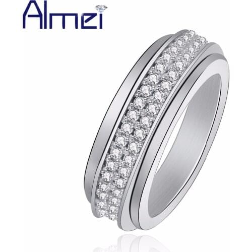 Almei Engagement Rotatable Rings For Women Silver Color Crystal Spinner Ring Female Cubic Zirconia Fashion Wedding Jewelry Y340