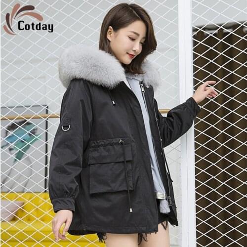 Cotday Office Lady Special Winter Style Fashion Overcoat Medium Length Detachable Raccoon Fur Liner Thickened Imitation Fur Coat