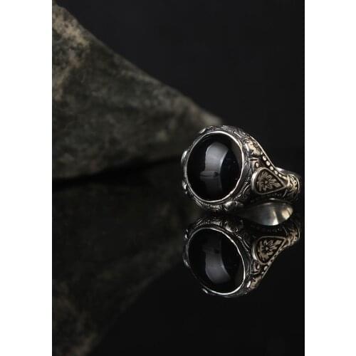 Black Zircon 925 Sterling Silver With Gold Plate Engraved Traditional Handmade Turkish Signet Ring Jewelry Gift for Women Men