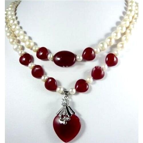 Gift ! Wholesales -Jewelry Christmas Beautiful 2 rows White pearl & red jades pendant necklace
