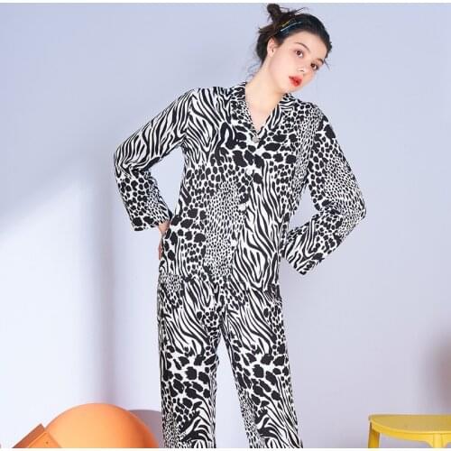 S035 Autumn new pajamas ladies leopard print long-sleeved rayon full Length pajamas set Viscose