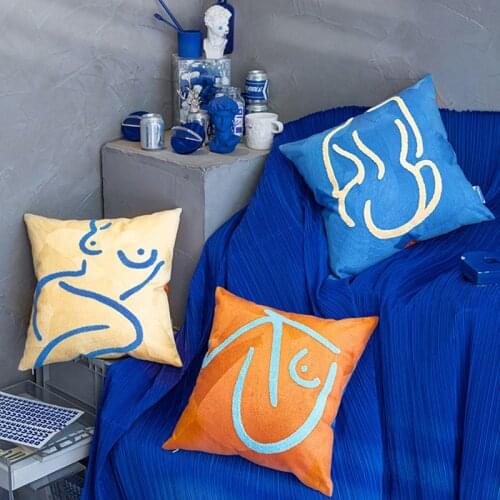 Nordic Pillow Case Portrait Embroidery Decorative Pillowcase Geometric Cushion Cover Home Office Aesthetic Room Decor 45x45cm