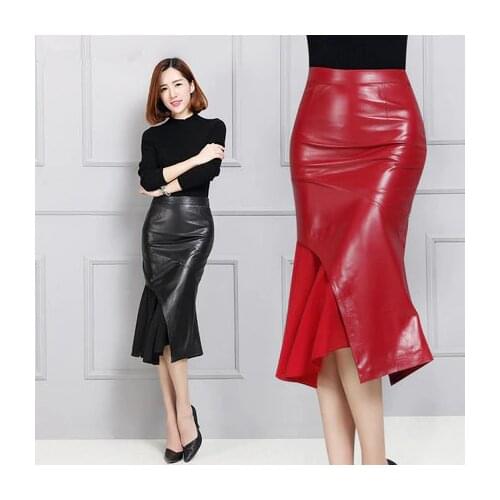 Women Sheepskin Medium-long Leather Skirt K132