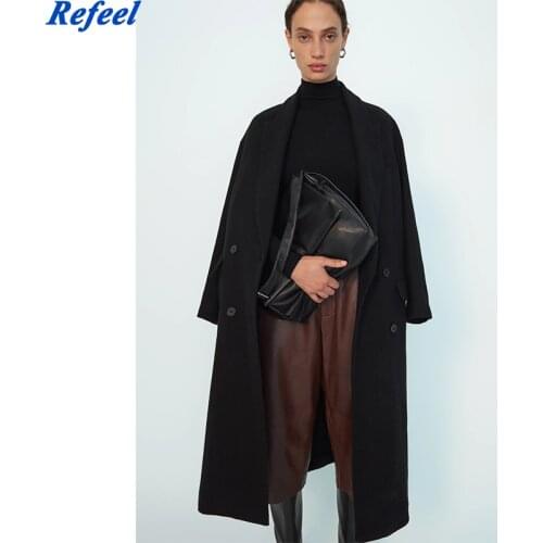 ZA Women Tweed Long Jacket with Double Button Big Pocket Solid Elegant Black Outwear Turn Down Collar Femme Winter Thick Coat